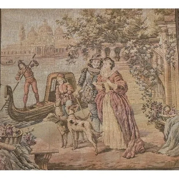 VTG Tapestry WallRomantic Scene Dogs Tassels Cottagecore Ready 2 Hang SZ 20x20